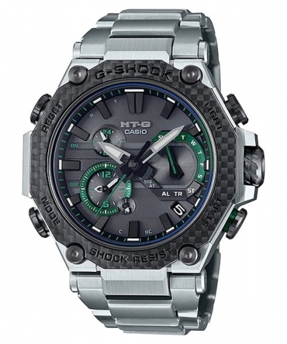 Премиальные аналоговые ударопрочные часы CASIO G-SHOCK MTG-B2000XD-1AER Black & Green Carbon Bezel, Solar, Triple G Resist.