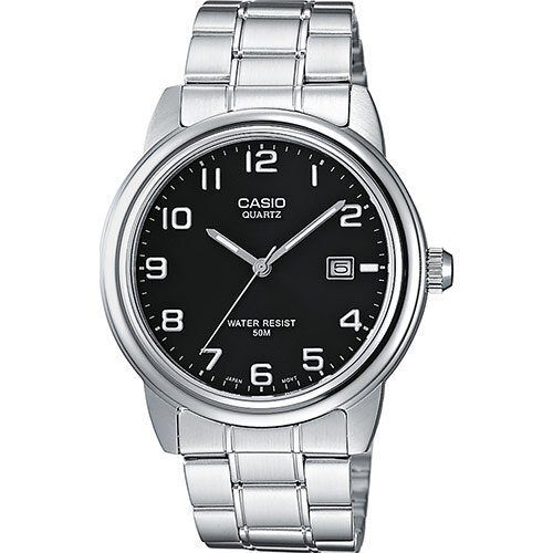 Стальные аналоговые мужские часы CASIO MTP-1221A-1AVEF с черным циферблатом на браслете, с датой, арабские цифры, wr50m.