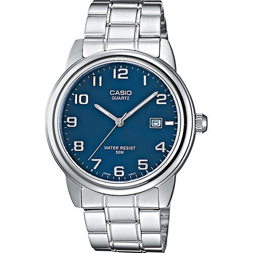 Стальные аналоговые мужские часы CASIO MTP-1221A-2AVEF с синим циферблатом на браслете, с датой, арабские цифры, wr50m.