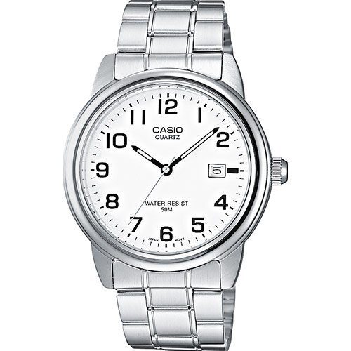 Стальные аналоговые мужские часы CASIO MTP-1221A-7BVEF с белым циферблатом на браслете, с датой, арабские цифры, wr50m.