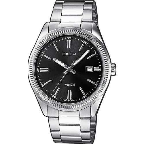 Классические аналоговые мужские часы CASIO MTP-1302PD-1A1VEF черные на браслете, с датой, индексы, Neobrite, wr50m.