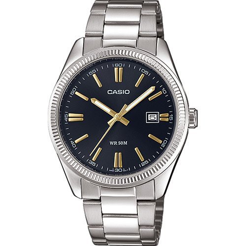 Классические аналоговые мужские часы CASIO MTP-1302PD-1A2VEF на браслете с метками gold на черном циферблате, wr50m.