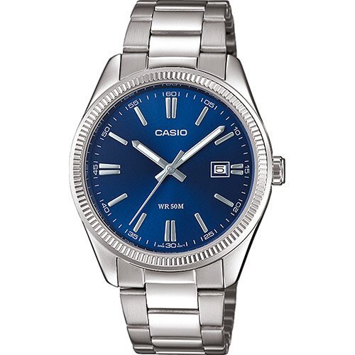 Классические мужские часы CASIO MTP-1302PD-2AVEF с рифленым безелем и синим циферблатом, дата, Neobrite, браслет, 50m.