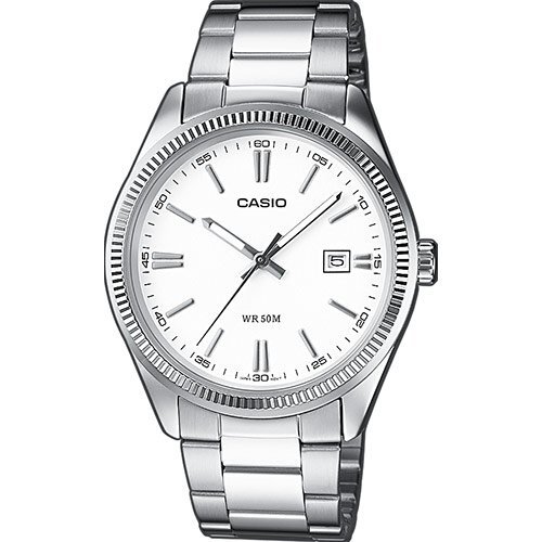Классические аналоговые мужские часы CASIO MTP-1302PD-7A1VEF белые на браслете, с датой, индексы, Neobrite, wr50m.