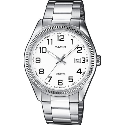 Классические аналоговые мужские часы CASIO MTP-1302PD-7BVEF белые на браслете, с датой, арабские цифры, wr50m.
