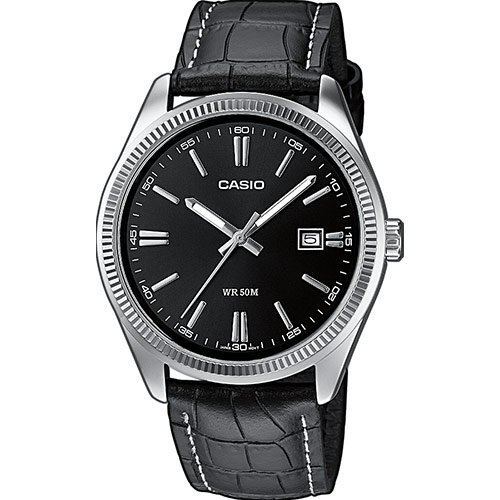 Классические аналоговые мужские часы CASIO MTP-1302PL-1AVEF черные на кожаном ремешке, с датой, индексы, Neobrite, wr50m.