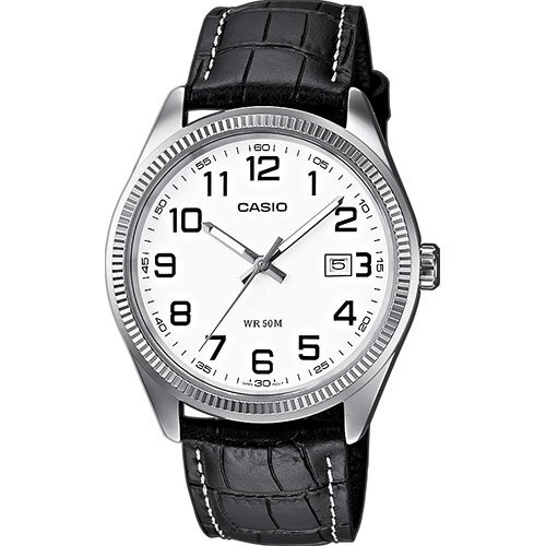 Классические мужские часы CASIO MTP-1302PL-7BVEF с рифленым безелем и белым циферблатом, арабские цифры, ремень 50m.