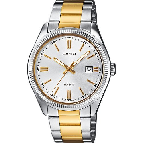 Классические аналоговые мужские часы CASIO MTP-1302PSG-7AVEF серебристые IP gold на браслете, с датой, Neobrite, wr50m.