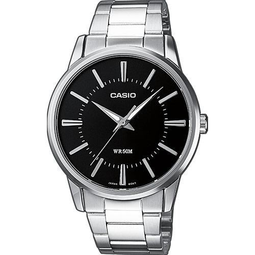 Классические аналоговые мужские часы CASIO MTP-1303D-1AVEF черные, стальной браслет, индексы, Neobrite, wr50m.
