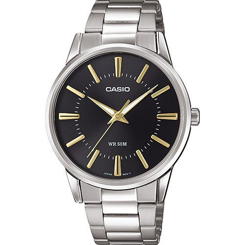 Классические аналоговые мужские часы CASIO MTP-1303PD-1A2VEF черные, акценты gold, на браслете, индексы, Neobrite, wr50m.