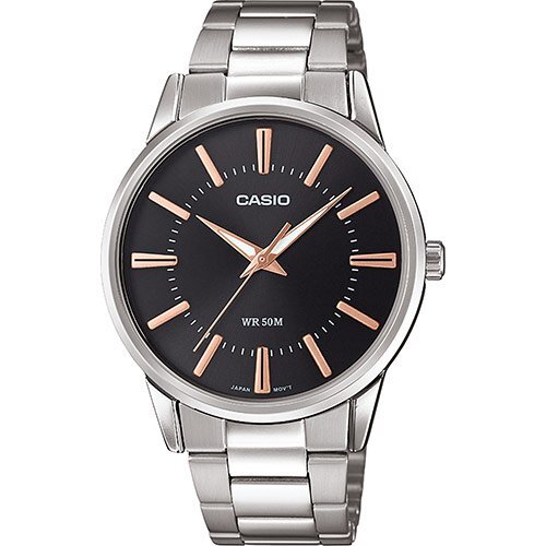 Классические аналоговые мужские часы CASIO MTP-1303PD-1A3VEF черные, индексы rose gold, на браслете, Neobrite, wr50m.