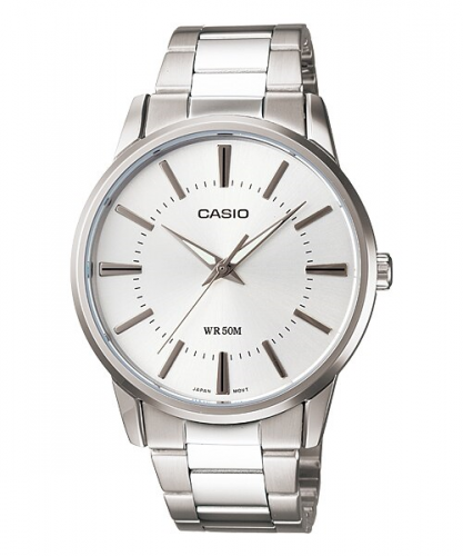 Классические аналоговые мужские часы CASIO MTP-1303PD-7AVEF белые на стальном браслете, индексы, Neobrite, wr50m.