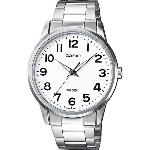 Классические аналоговые мужские часы CASIO MTP-1303PD-7BVEF белые на стальном браслете, арабские цифры, Neobrite, wr50m.