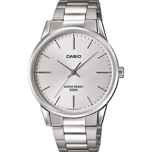 Классические аналоговые мужские часы CASIO MTP-1303PD-7FVEF белые на стальном браслете, индексы, wr50m.
