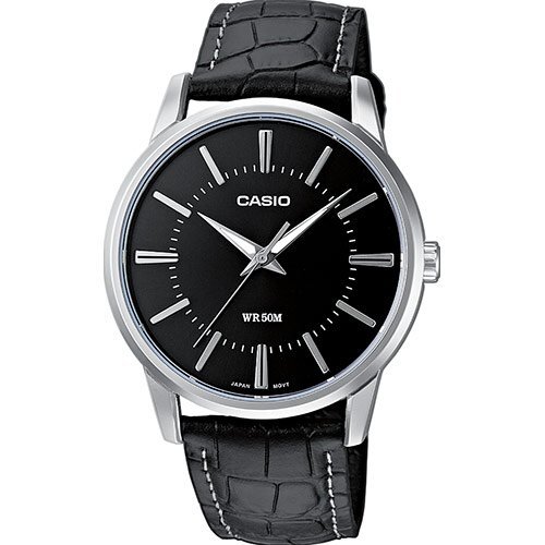 Классические аналоговые мужские часы CASIO MTP-1303PL-1AVEF черные на кожаном ремешке, индексы, Neobrite, wr50m.