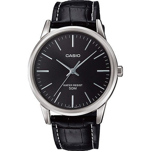 Классические аналоговые мужские часы CASIO MTP-1303PL-1FVEF черные на кожаном ремешке, индексы, wr50m.