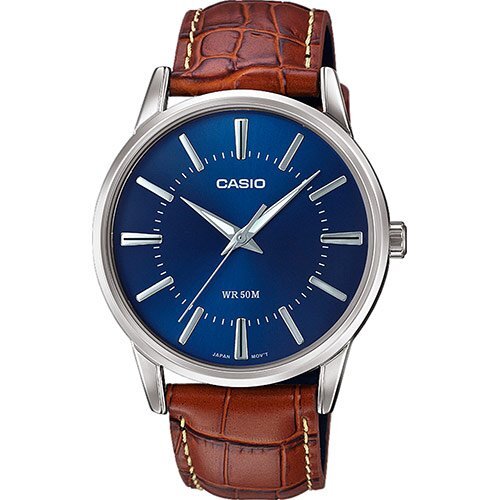 Классические аналоговые мужские часы CASIO MTP-1303PL-2AVEF на коричневом ремне с синим циферблатом, Neobrite, 50m.