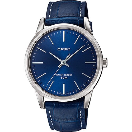 Классические аналоговые мужские часы CASIO MTP-1303PL-2FVEF на синем кожаном ремне с индексами и 3-мя стрелками, wr50m.