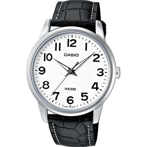 Классические аналоговые мужские часы CASIO MTP-1303PL-7BVEF белые на черном ремешке, арабские цифры, Neobrite, wr50m.