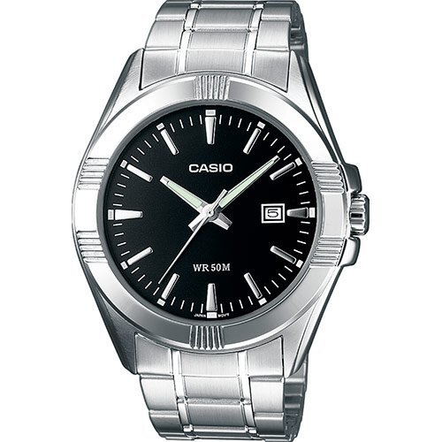 Классические аналоговые мужские часы CASIO MTP-1308PD-1AVEF черные, стальной браслет, с датой, индексы, Neobrite, wr50m.