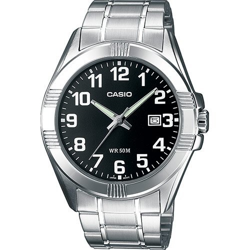 Классические аналоговые мужские часы CASIO MTP-1308PD-1BVEF черные с датой, арабские цифры, браслет, Neobrite, wr50m.
