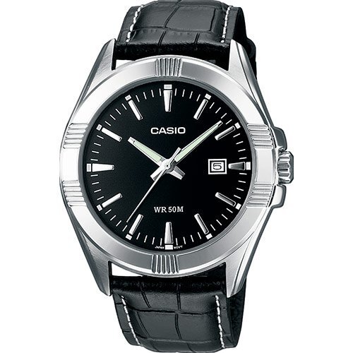Классические аналоговые мужские часы CASIO MTP-1308PL-1AVEF черные, кожаный ремень, с датой, индексы, Neobrite, wr50m.