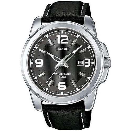 Крупные мужские часы CASIO MTP-1314PL-8AVEF с большими цифрами и датой на сером циферблате, черный ремешок, wr50m.