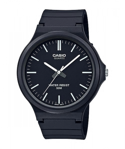 Пластиковые наручные ретро часы CASIO MW-240-1EVEF черные с белыми индексами, аналоговые, водонепроницаемые 50 метров.