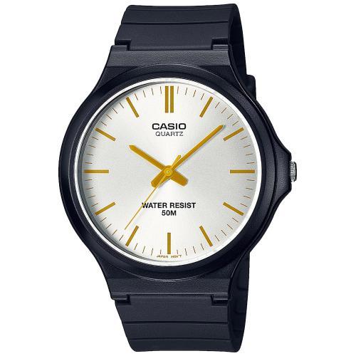 Пластиковые наручные ретро часы CASIO MW-240-7E3VEF черные, серый циферблат и gold индексы, аналоговые, WR 50m.