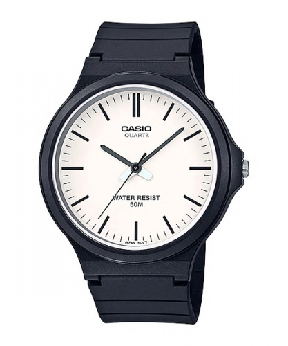 Пластиковые наручные ретро часы CASIO MW-240-7EVEF черные с белым циферблатом, аналоговые, водонепроницаемые 50 метров.