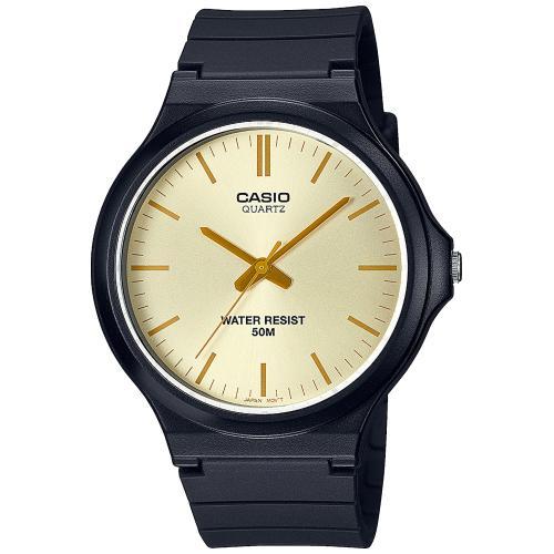Пластиковые аналоговые ретро часы CASIO MW-240-9E3VEF черные с желтым (gold) циферблатом и индексами, WR 50 метров.