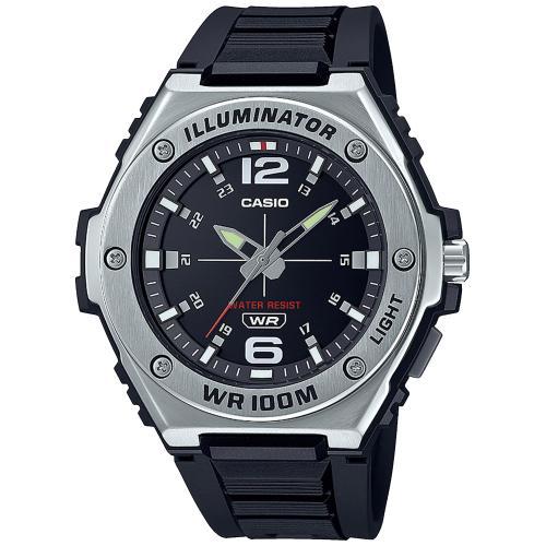 Крупные спортивные аналоговые часы CASIO MWA-100H-1AVEF черные на полимере, со светодиодной подсветкой, Neobrite, wr100m.