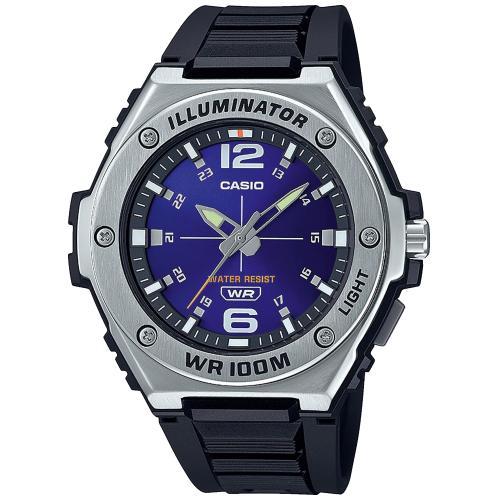 Крупные спортивные аналоговые часы CASIO MWA-100H-2AVEF черные, синий циферблат, на полимере, Illuminator, Neobrite, wr100m.