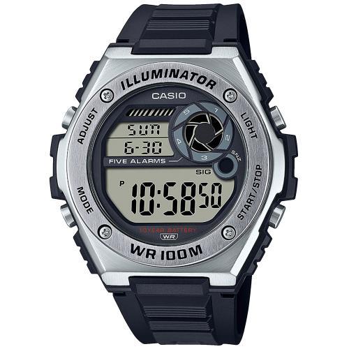 Крупные электронные часы CASIO MWD-100H-1AVEF черные на полимере, с секундомером и таймером, 10 лет батарейка, wr100m.