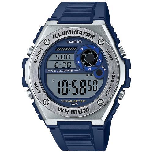 Крупные электронные часы CASIO MWD-100H-2AVEF синие на полимере, с секундомером и таймером, 10 лет батарейка, wr100m.