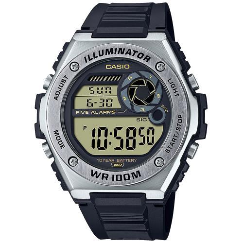 Крупные электронные часы CASIO MWD-100H-9AVEF черные на полимере, с секундомером и таймером, 10 лет батарейка, wr100m.