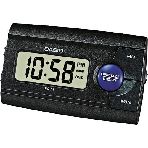 Дорожный электронный будильник CASIO PQ-31-1EF черный с подсветкой, повтор сигнала, snooze, пластиковый, 87 мм.