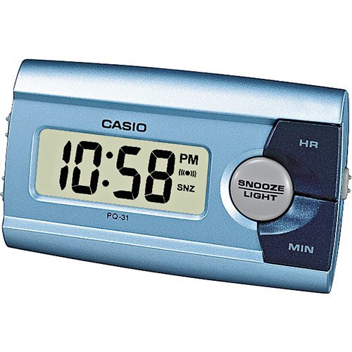Дорожный электронный будильник CASIO PQ-31-2EF голубой с подсветкой, повтор сигнала, snooze, пластиковый, 87 мм.