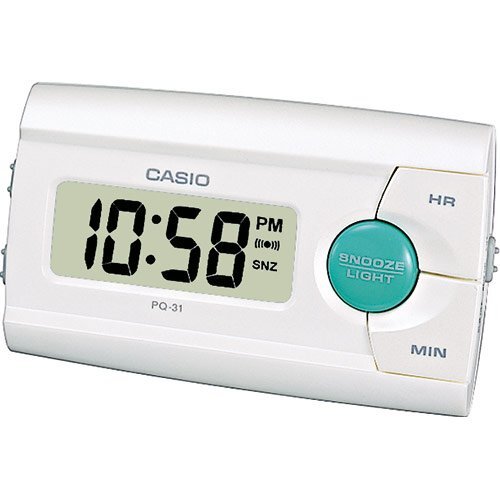 Дорожный электронный будильник CASIO PQ-31-7EF белый с подсветкой, повтор сигнала, snooze, пластиковый, 87 мм.
