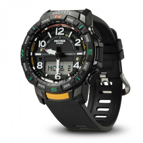 Часы для туризма CASIO PRO TREK PRT-B50-1ER оборудованы Quad Sensor: шагомер, компас, термометр, барометр и высотомер.