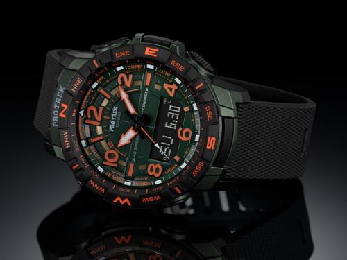 Часы для туризма CASIO PRO TREK PRT-B50FE-3ER оборудованы Quad Sensor: шагомер, компас, термометр, барометр и высотомер.