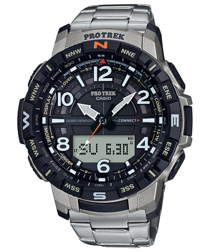 Туристические часы CASIO PRO TREK PRT-B50T-7ER, титановый браслет, шагомер, Bluetooth, компас, барометр, термометр.