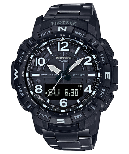Часы для туризма CASIO PRO TREK PRT-B50YT-1ER черные, титановый браслет, шагомер, Bluetooth, компас, барометр, Ana-Digi.