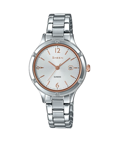 Элегантные женские часы CASIO SHEEN SHE-4533D-7AUER с сапфировым стеклом на браслете, с датой и кристаллами SWAROVSKI.
