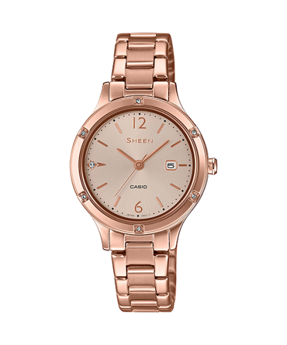 Позолоченные женские часы CASIO SHEEN SHE-4533PG-4AUER rose gold, с сапфировым стеклом на браслете, кристаллы SWAROVSKI.