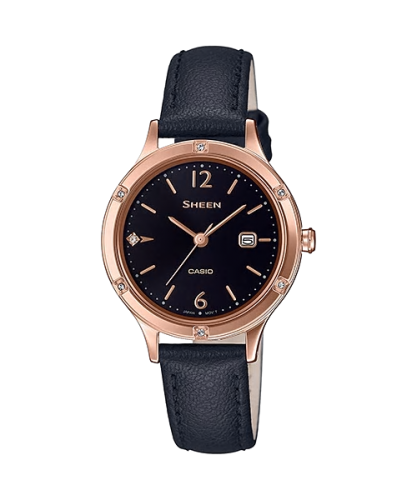 Позолоченные женские часы CASIO SHEEN SHE-4533PGL-1AUER с сапфировым стеклом, rose gold, на черном ремешке, SWAROVSKI.