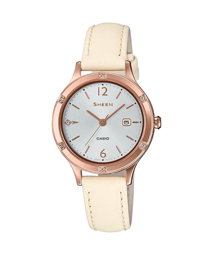 Позолоченные женские часы CASIO SHEEN SHE-4533PGL-7AUER с сапфировым стеклом, rose gold, на бежевом ремешке, SWAROVSKI.