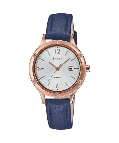 Позолоченные женские часы CASIO SHEEN SHE-4533PGL-7BUER с сапфировым стеклом, rose gold, на синем ремешке, SWAROVSKI.