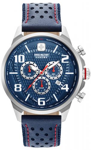 Спортивный швейцарский хронограф SWISS MILITARY HANOWA 06-4328.04.003 Airman Chrono синий на перфорированном ремне.