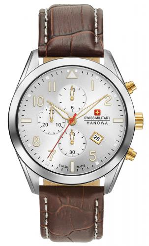 Серебристый швейцарский хронограф SWISS MILITARY HANOWA 06-4316.04.001.02 Helvetus Chrono с датой на коричневом ремне.